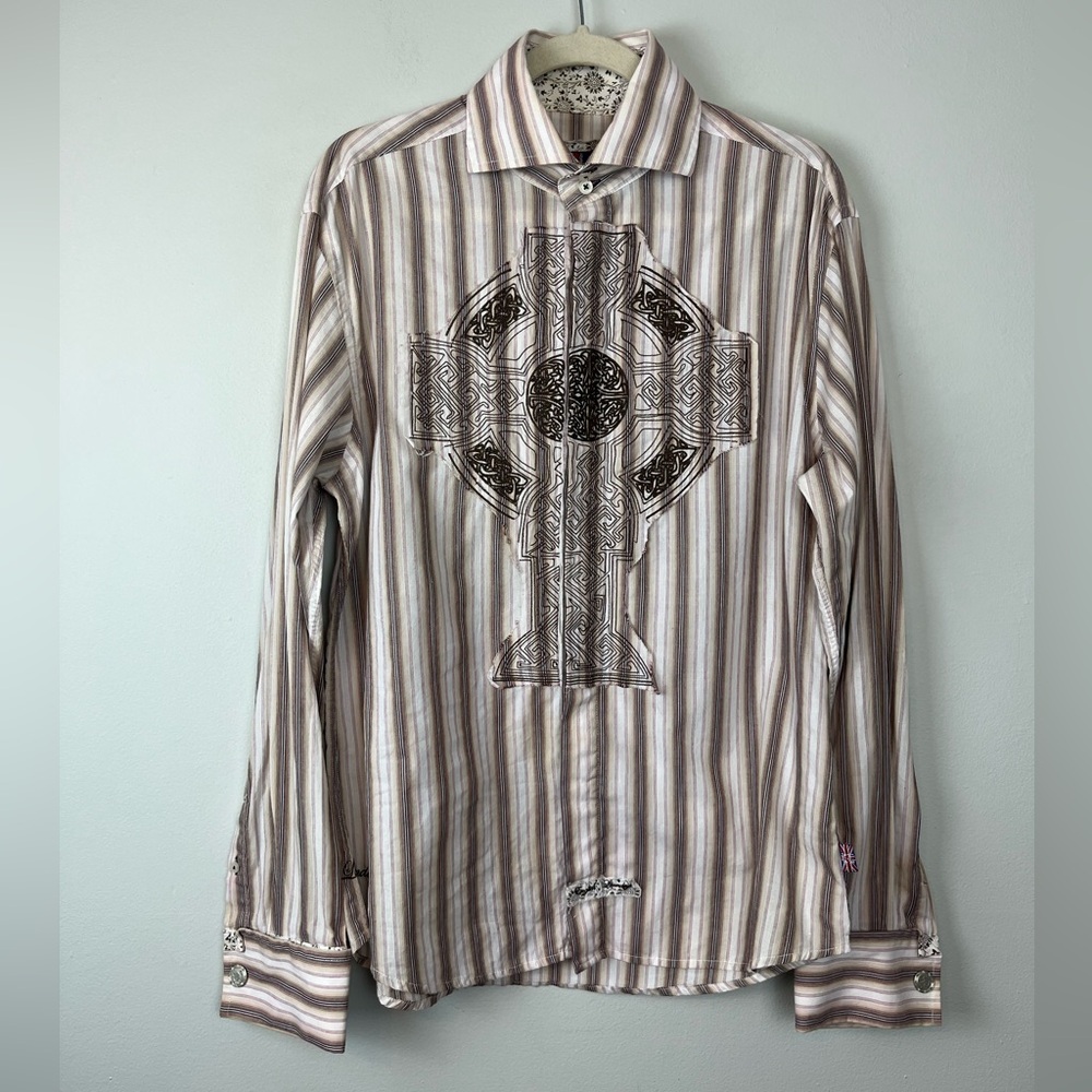 English Laundry Men’s Brown Tan Y2K Cross Long Sleeve Striped Shirt M Flip Cuff